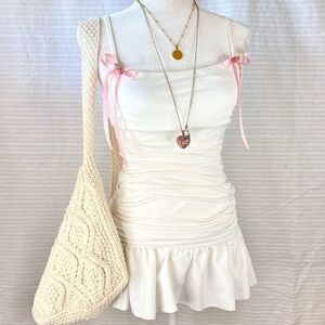 ♡ ruched ruffle trim bodycon dress with floral bow detailing ♡